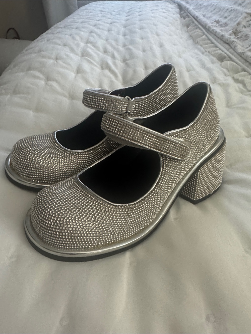 Dolls Kill Silver Crystal Mary Jane Block Heels
